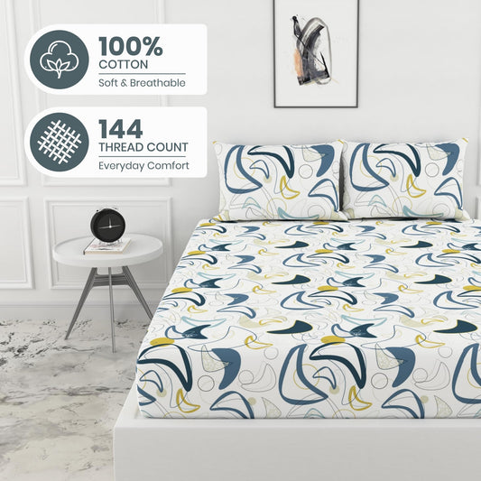 Blue & Olive Waves 100% Cotton Double Fitted Bedsheet with 2 Pillow Covers, 144 TC, 78 x 60 Inches