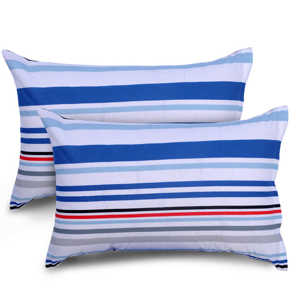 Loreto Cotton Pillow Cover | Blue Nautical Stripe 144 TC Cotton Set of 2 - Soft, Breathable & Durable (17 x 27 Inches)