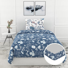 Blue Floral Vines 144 TC 100% Cotton Elastic Fitted Single Bedsheet with 1 Pillow Cover - 78 x 36 Inches