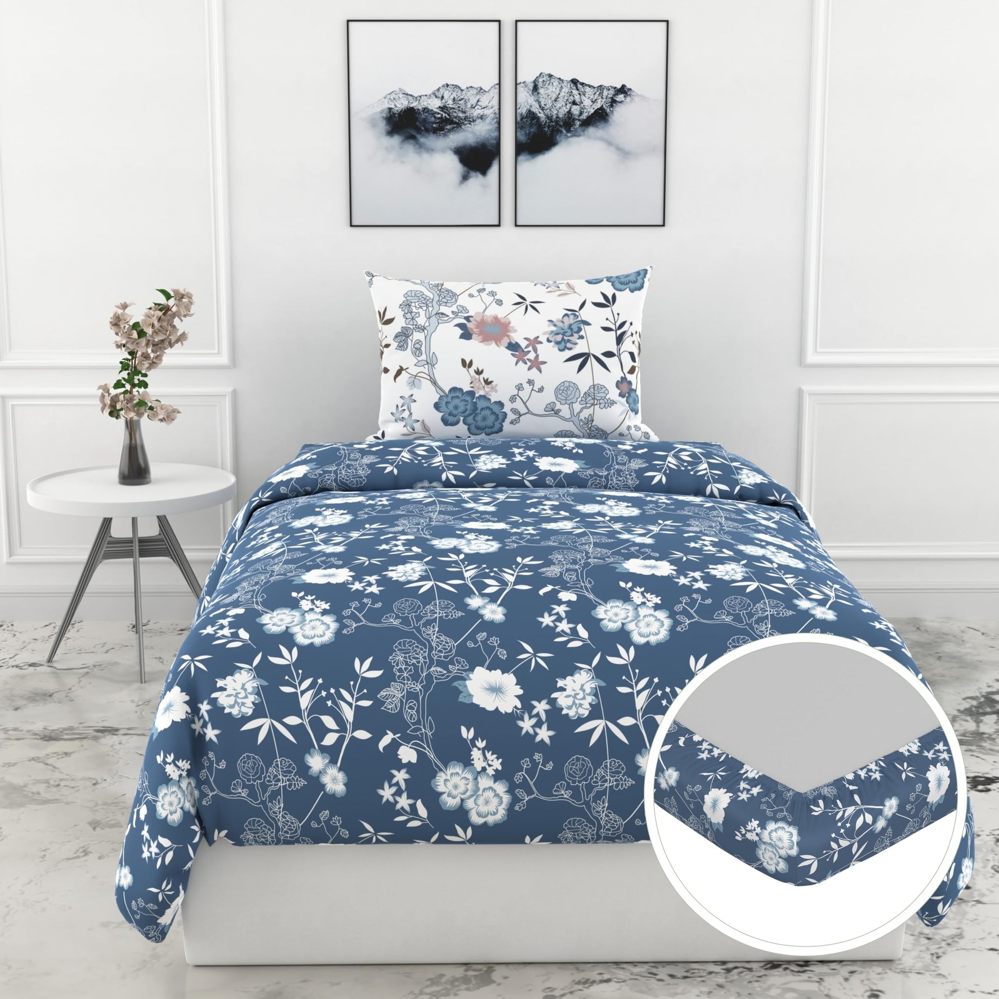 Blue Floral Vines 144 TC 100% Cotton Elastic Fitted Single Bedsheet with 1 Pillow Cover - 78 x 36 Inches