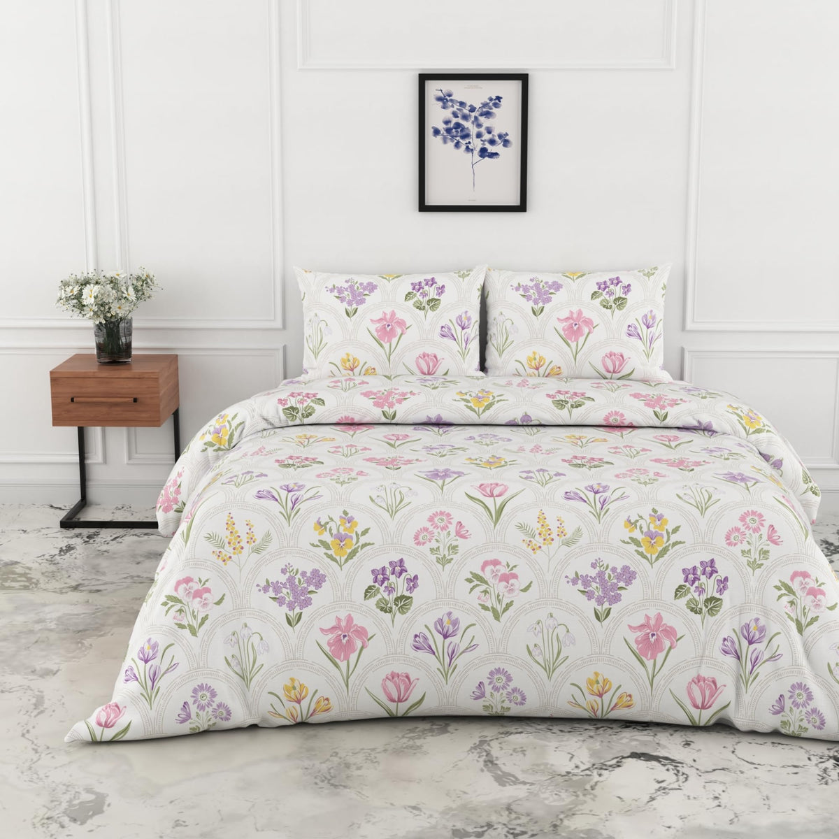Loreto White Pink & Lavender Pastel Floral King Bedsheet | 186 TC | 100% Cotton | 108 x 108 Inches - main product image