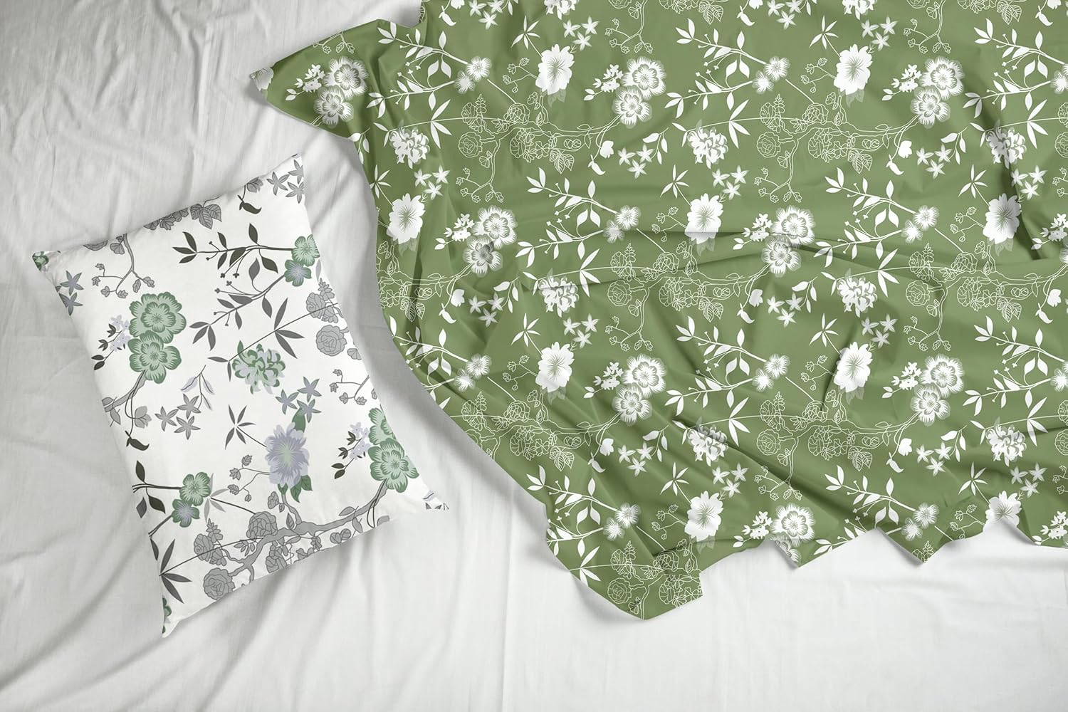 Olive Green Floral Elegance Soft & Breathable 100% Cotton Flat Double Bedsheet, 144 TC