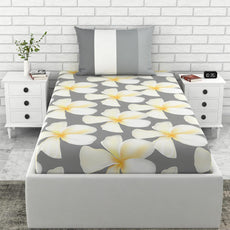 Storm Grey & Celery White Flower 100% Cotton Single Fitted Bedsheet, 144 TC
