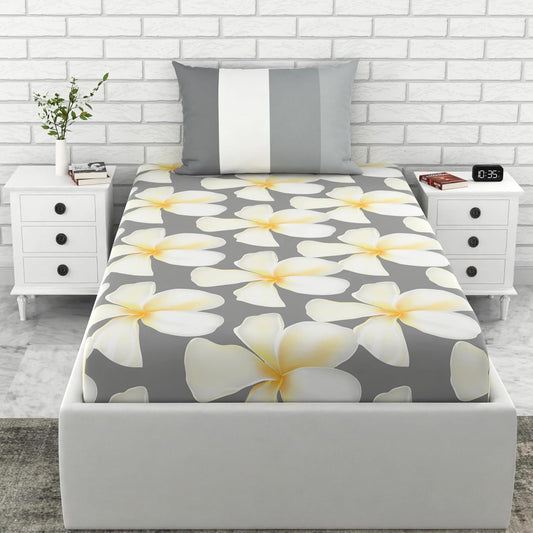 Storm Grey & Celery White Flower 100% Cotton Single Fitted Bedsheet, 144 TC