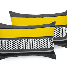 Stone Grey and Yellow Checkered  100% Cotton Pillow Covers, Pack of 2, 144 TC