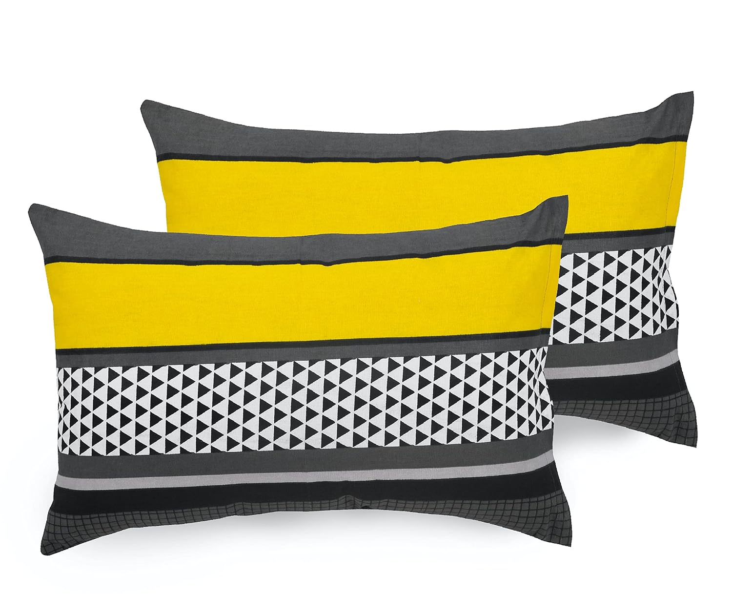 Stone Grey and Yellow Checkered  100% Cotton Pillow Covers, Pack of 2, 144 TC