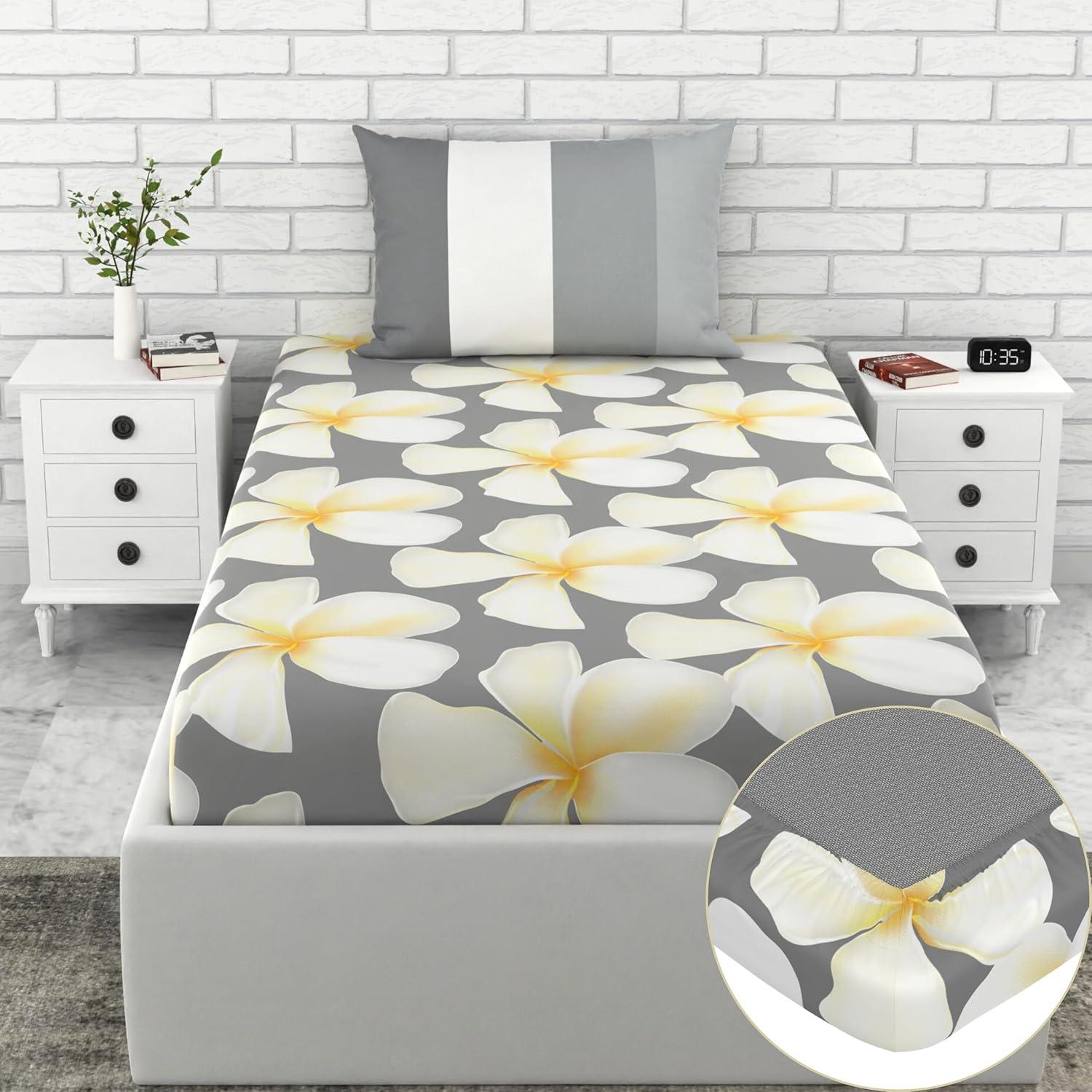 Loreto Cotton Single Fitted Bedsheet | Storm Grey & Celery White Flower