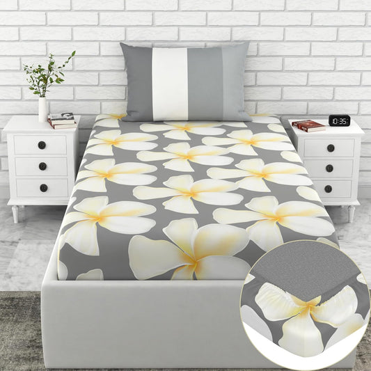 Loreto Cotton Single Fitted Bedsheet | Storm Grey & Celery White Flower