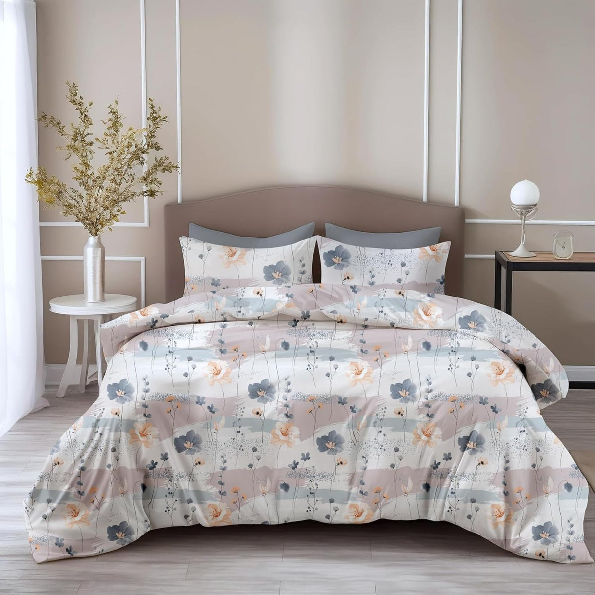Blue & Peach Double Bedsheet - 210 TC 100% Cotton with 2 Pillow Covers (90 x 90 Inches)