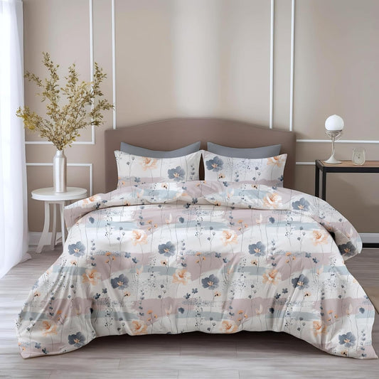 Blue & Peach Double Bedsheet - 210 TC 100% Cotton with 2 Pillow Covers (90 x 90 Inches)