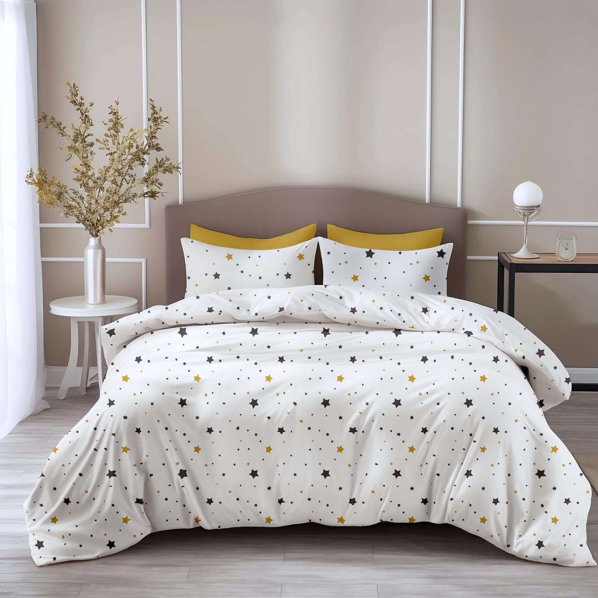 Black & Gold Stars Double Bedsheet - 210 TC 100% Cotton with 2 Pillow Covers (90 x 90 Inches)