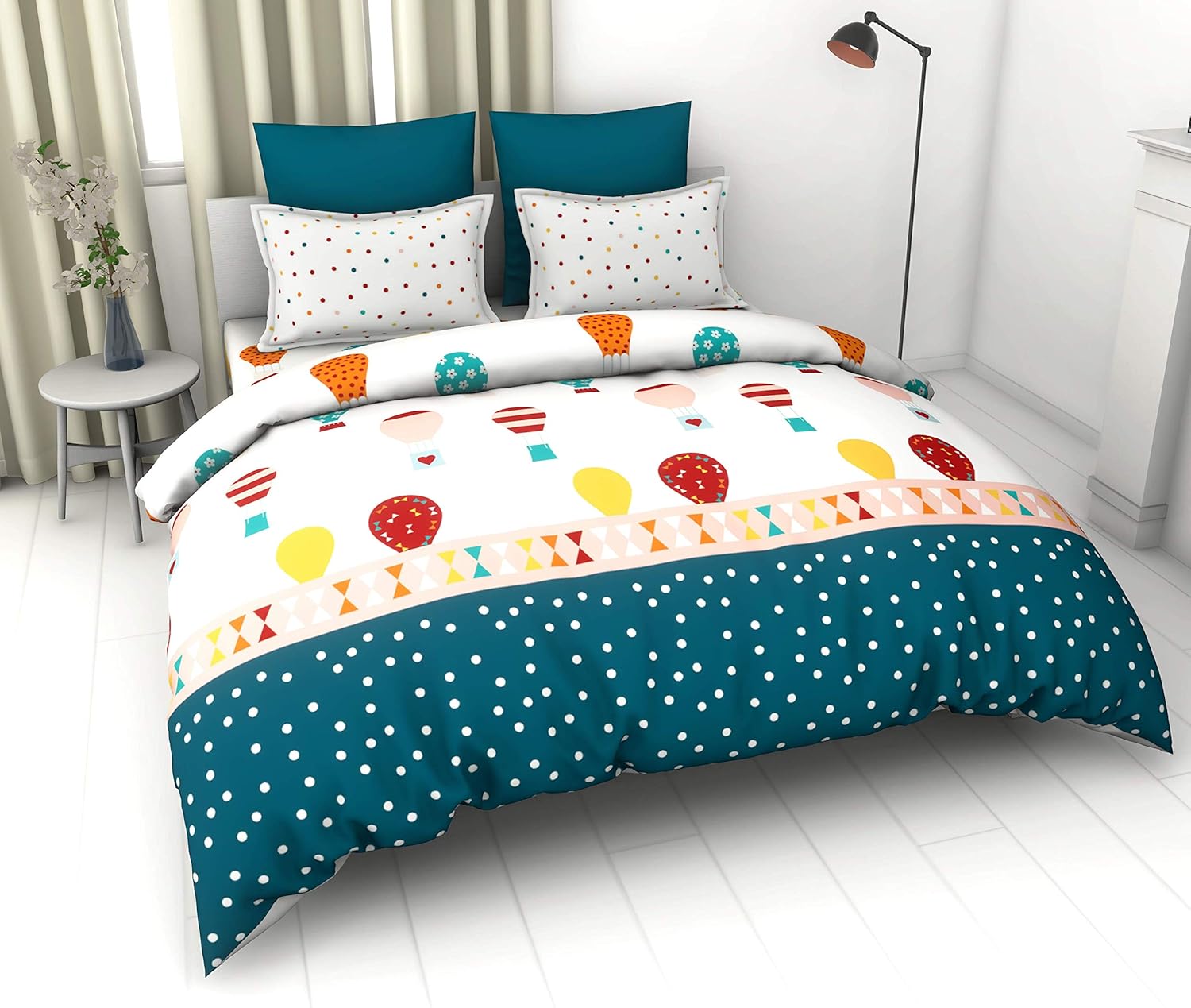 Red and Blue Hot Air Balloons 100% Cotton Flat King Bedsheet, 144 TC