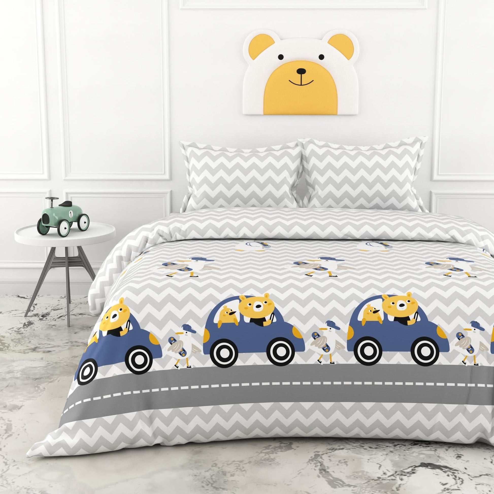 Grey Chevron Bear Car Ride Bedsheet 186 TC Cotton Double Bedsheet, 90 x 90 Inches - Soft Percale Weave with 2 Pillow Covers, Durable & Breathable