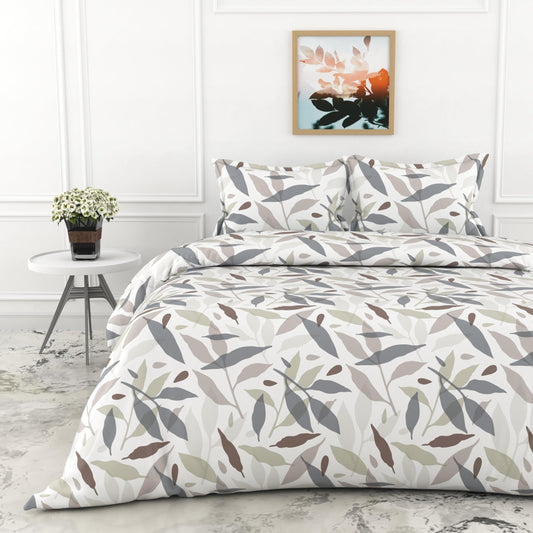 Grey Leaf Double Bedsheet - 210 TC 100% Cotton with 2 Pillow Covers (90 x 90 Inches)