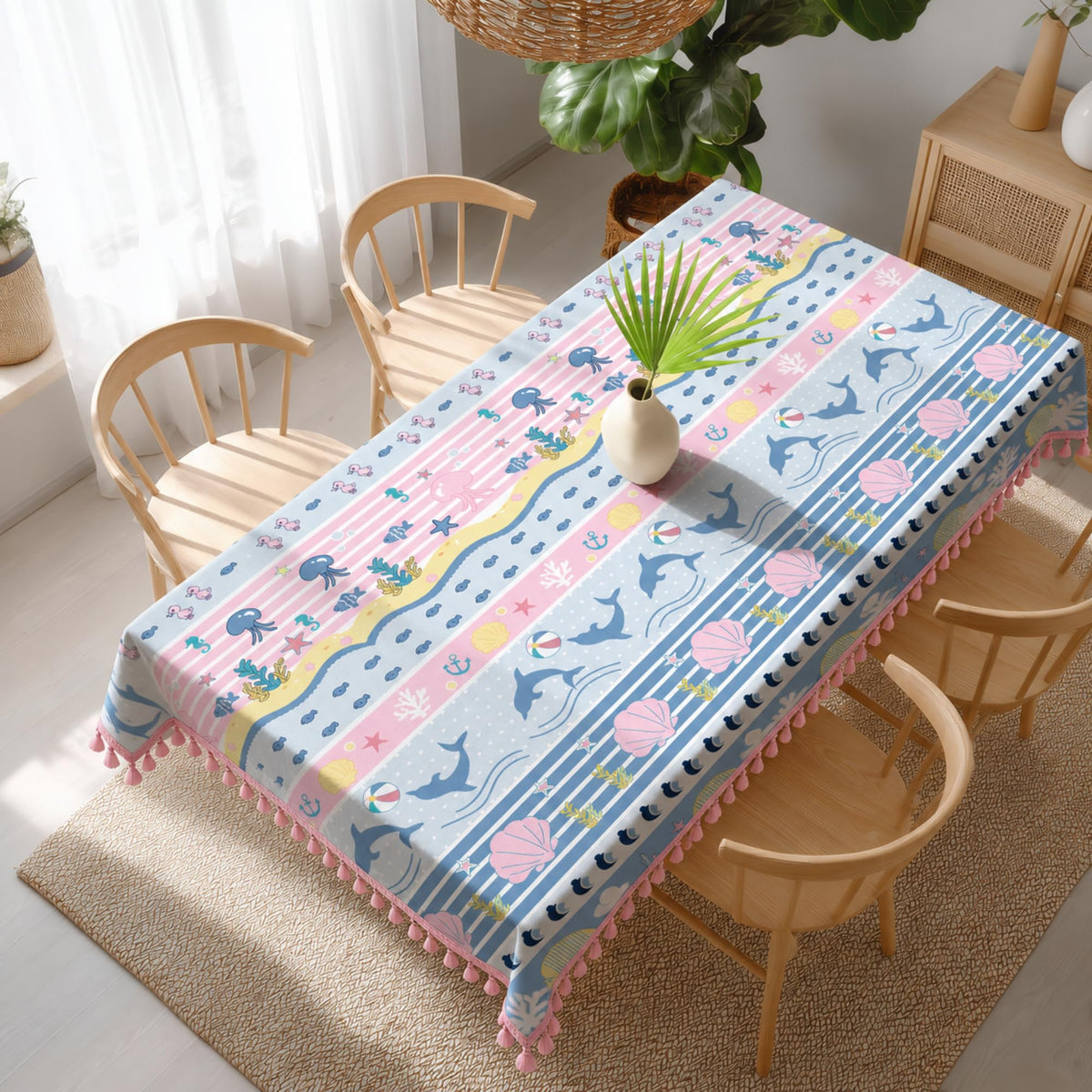 Loreto Pastel Blue Sea Life Cotton Dining Table Cover | 48 x 60 Inches - main product image