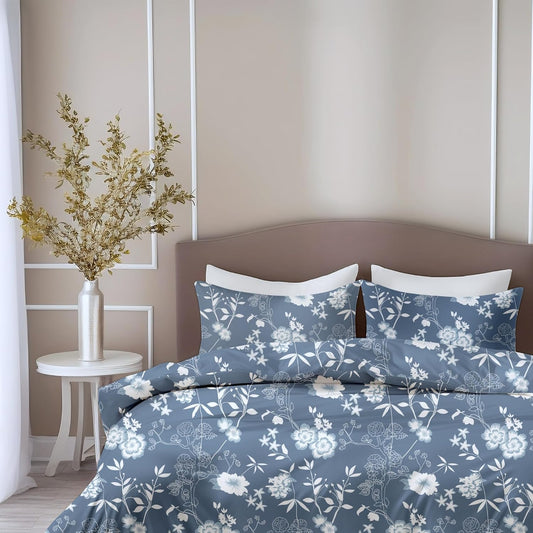 Indigo Blue Vine Blooms Soft & Breathable 100% Cotton Flat King Bedsheet, 144 TC