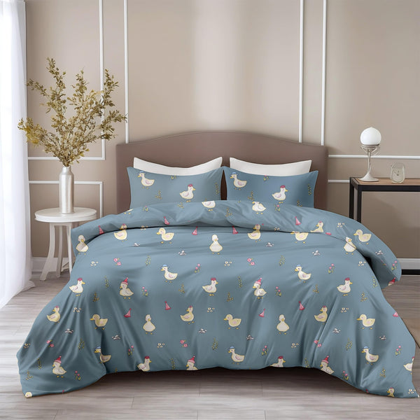 Loreto Cotton King Bedsheet | Pastel Blue Duck Party