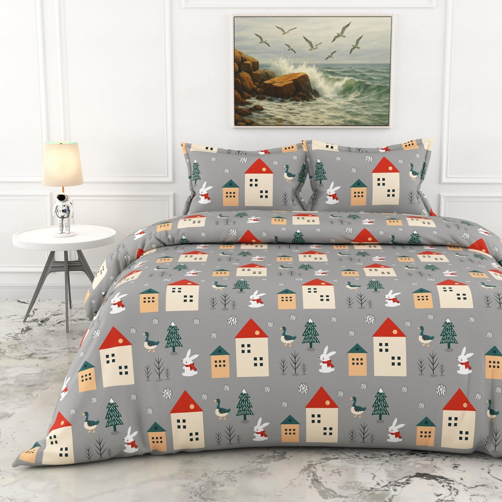 Warm Grey Winter Village Bunny 186 TC Cotton Double Bedsheet, 90 x 90 Inches - Soft Percale Weave with 2 Pillow Covers, Durable & Breathable