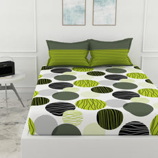 Loreto Cotton King Fitted Bedsheet | Olive Green & Black Circles