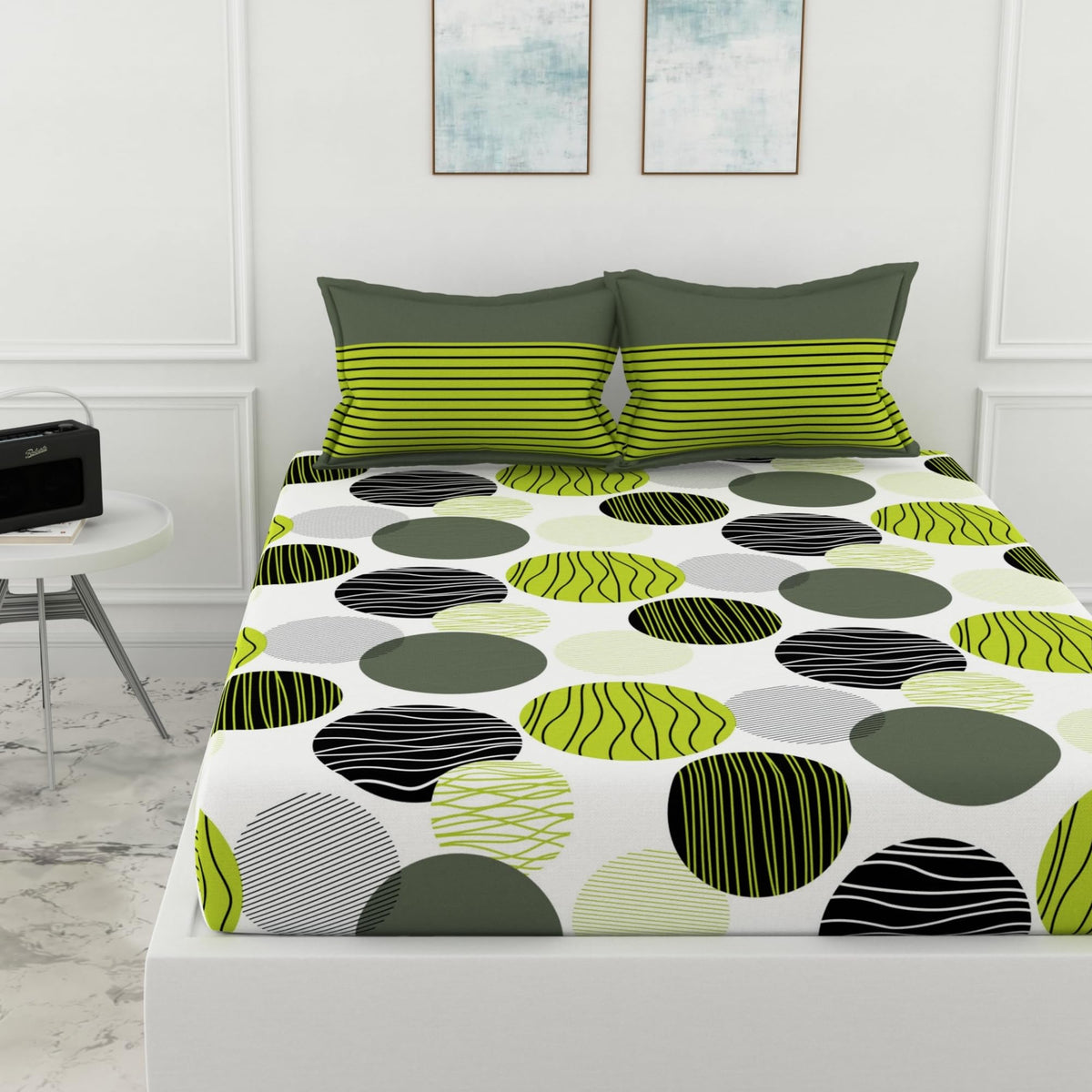Loreto Cotton King Fitted Bedsheet | Olive Green & Black Circles