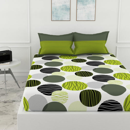 Loreto Cotton King Fitted Bedsheet | Olive Green & Black Circles