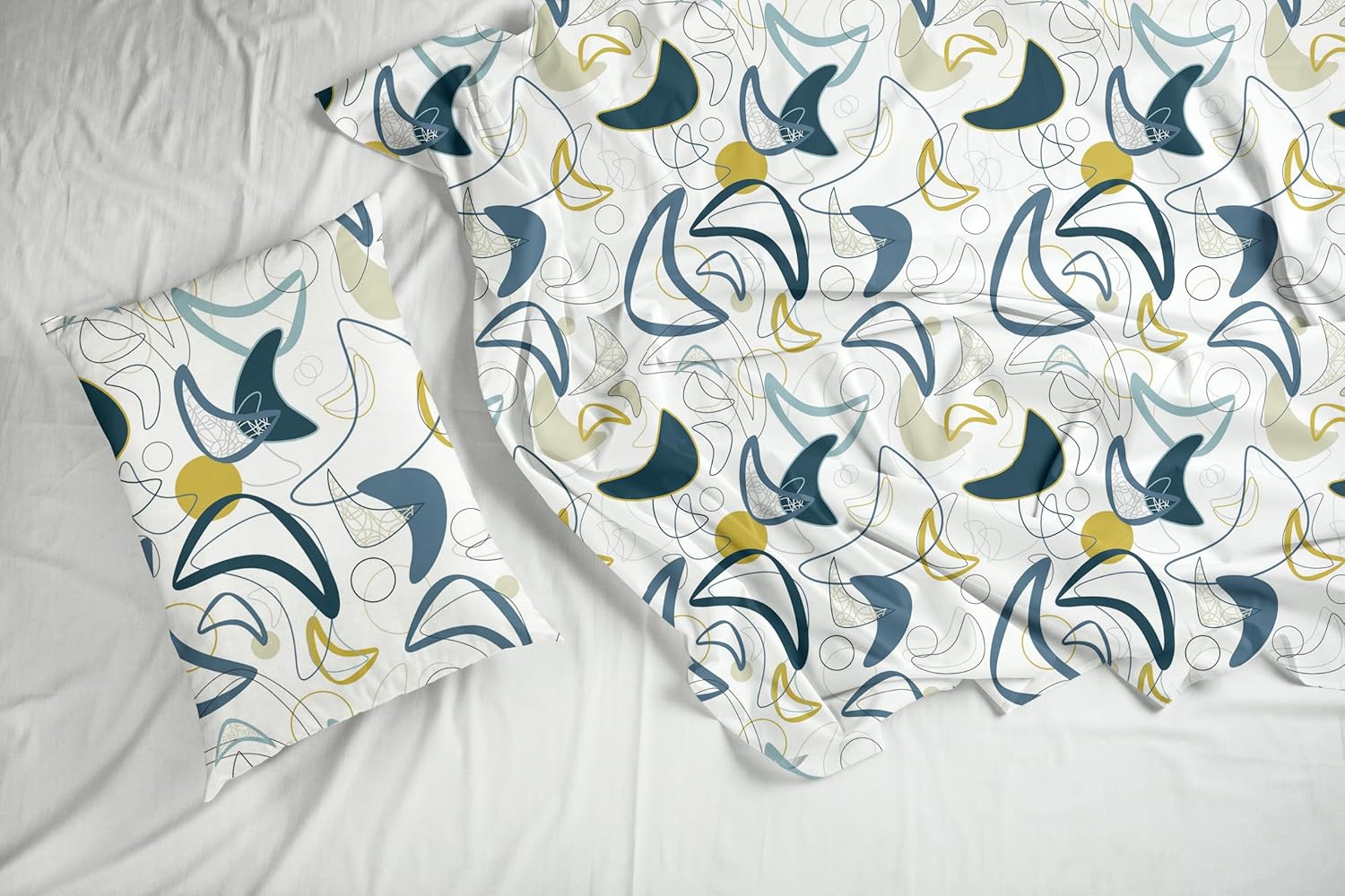 Deep Blue & Olive Abstract Waves Soft & Breathable 100% Cotton Flat King Bedsheet, 144 TC