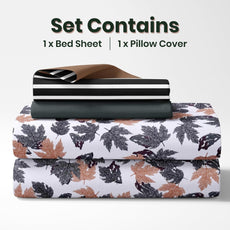 Frosted Charcoal Leaf Pattern 100% Pure Cotton Single Bed Sheet with Pillow Cover | Soft & Breathable | 54 x 84 Inches, 144 TC