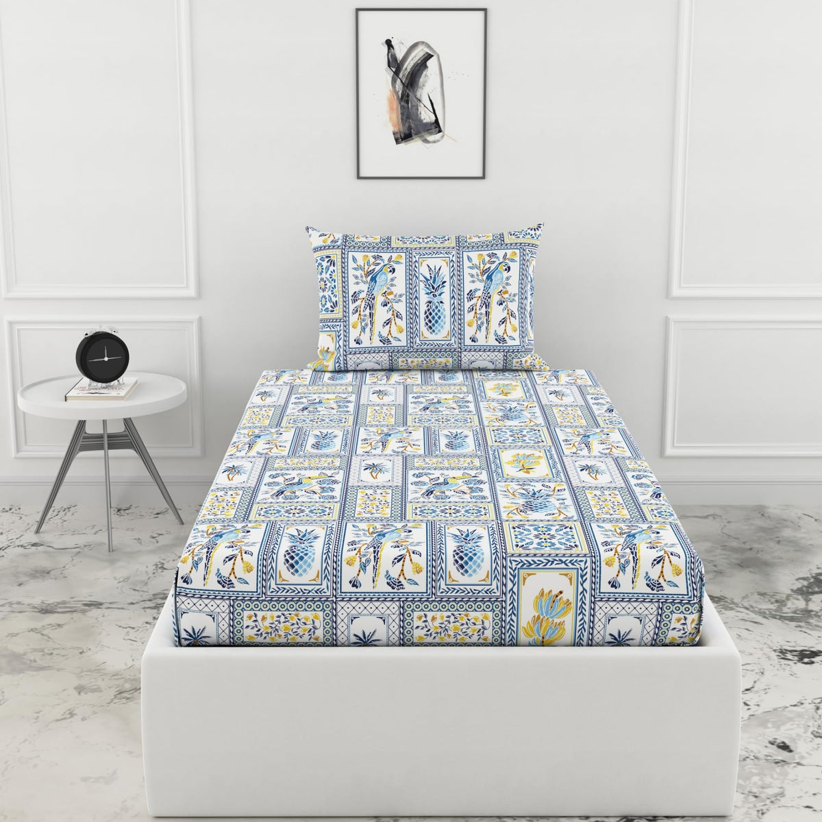 Loreto Royal Parrot Flora Print - Blue Single Fitted Bedsheet | 144 TC | 100% Cotton | Fits 72 x 36 Inches | 8 Inch Pocket - main product image