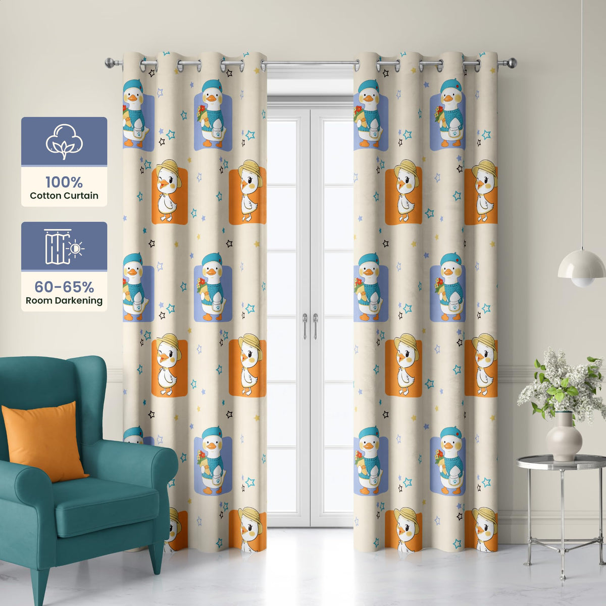 Playful Ducks Door Curtain - Cotton Set of 2 (4 x 7 ft)