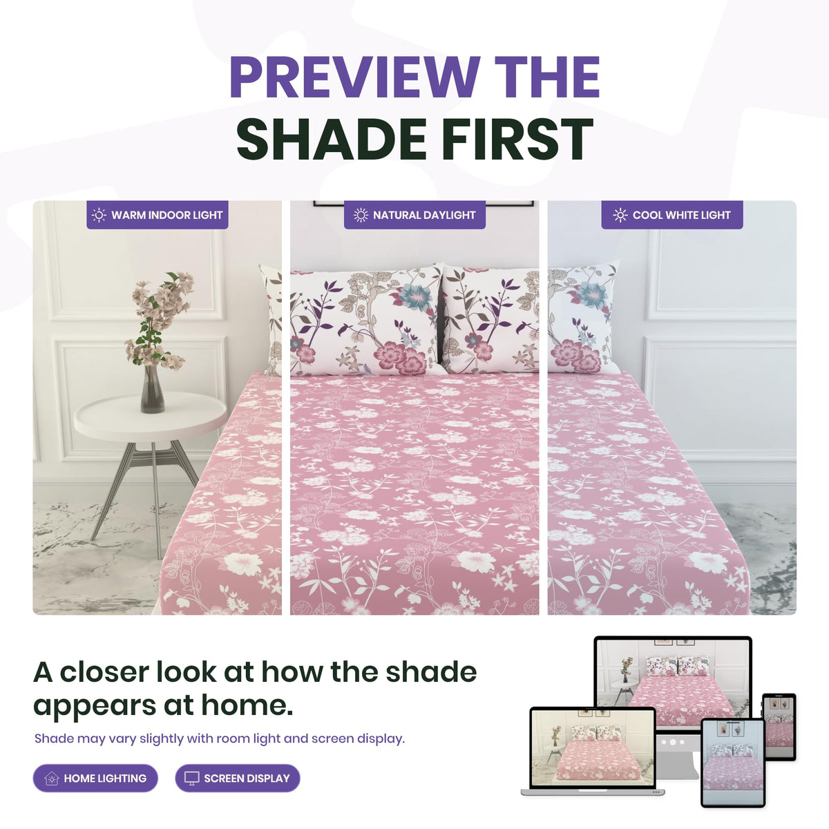 Pink Floral 100% Cotton Double Fitted Bedsheet with Pillow Covers, 144 TC, 78 x 60 Inches