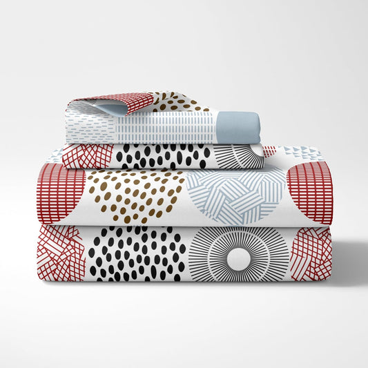 Red & Black Geometric Circles 100% Cotton Flat King Bedsheet, 144 TC