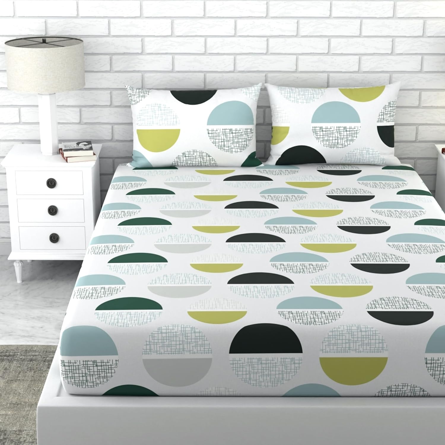 Loreto Cotton Double Bedsheet | Muted Grey and Lime Circle Design