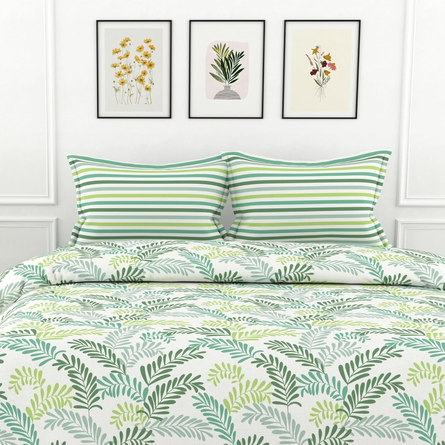 Green Leafy Haven 100% Cotton Double Fitted Bedsheet, 144 TC