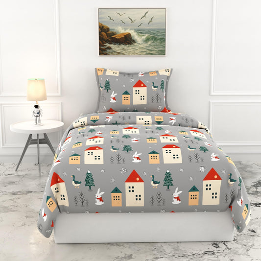 Loreto Cotton Single Flat Bedsheet | Grey Bunny