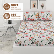 Lavender Grey Spring Harmony King Fitted Bedsheet - 100% Cotton with 2 Pillow Covers (78 x 72 Inches + 8 Inch Pocket)