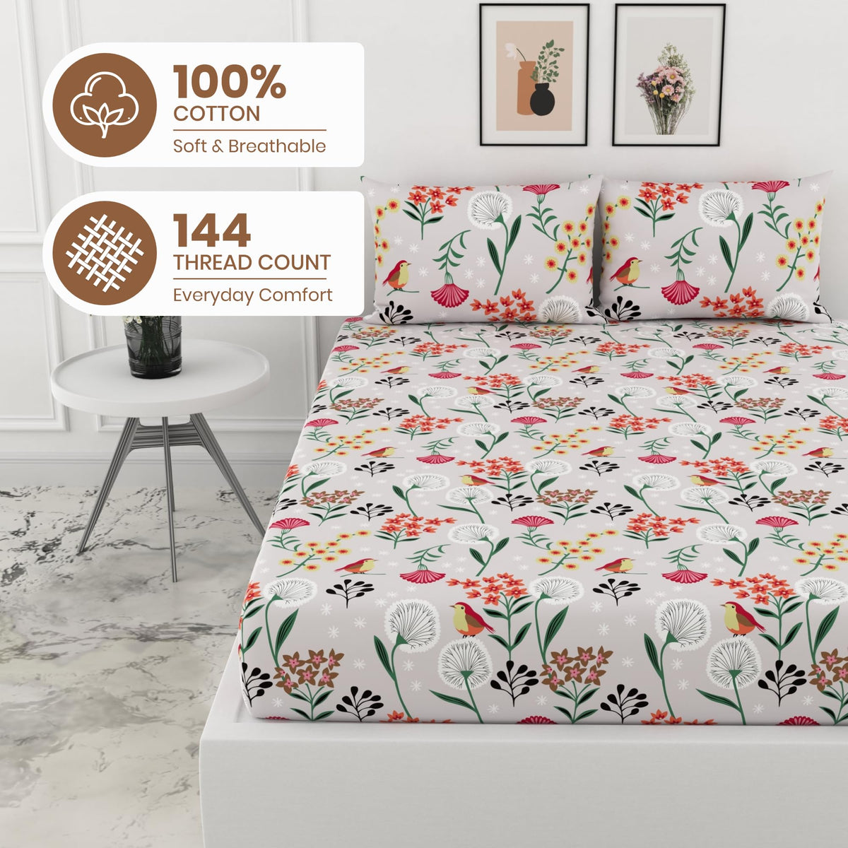 Lavender Grey Spring Harmony King Fitted Bedsheet - 100% Cotton with 2 Pillow Covers (78 x 72 Inches + 8 Inch Pocket)