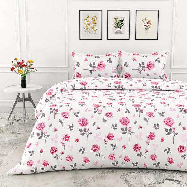 Loreto Cotton Double Bedsheet | Pink Rose Symphony 100% Pure Cotton , 186 TC, 86 x 96 Inches, Soft & Breathable with 2 Covers