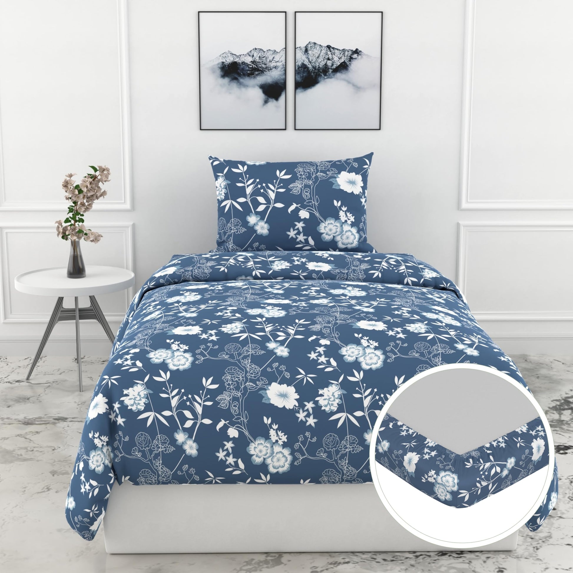 Blue Vine Blooms 144 TC 100% Cotton Elastic Fitted Single Bedsheet with 1 Pillow Cover - 78 x 36 Inches