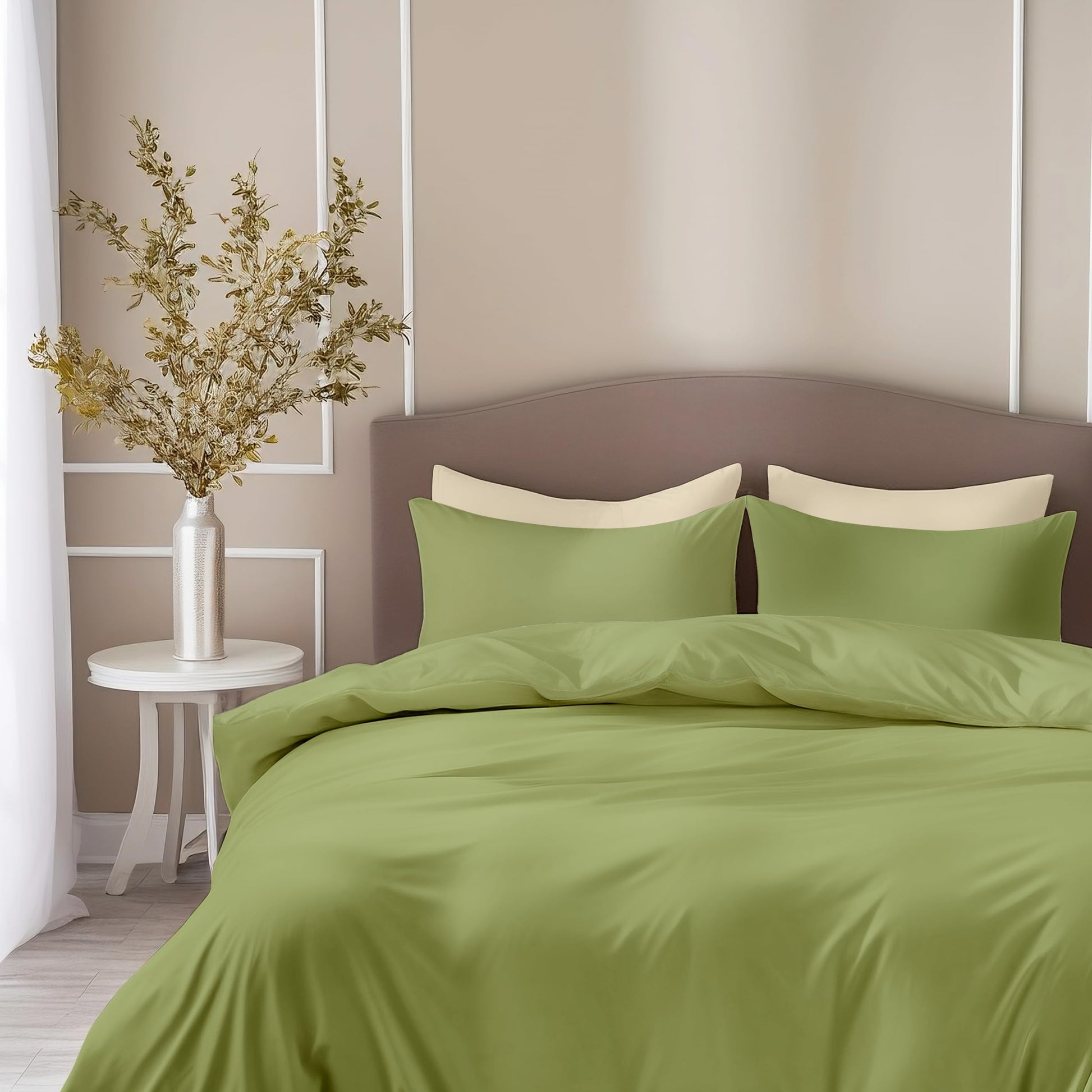 Olive Mist 210 TC Cotton Bedsheet for King Size Bed with 2 Pillow Covers - Soft & Breathable Plain King Bed Sheet, 104 x 104 Inches