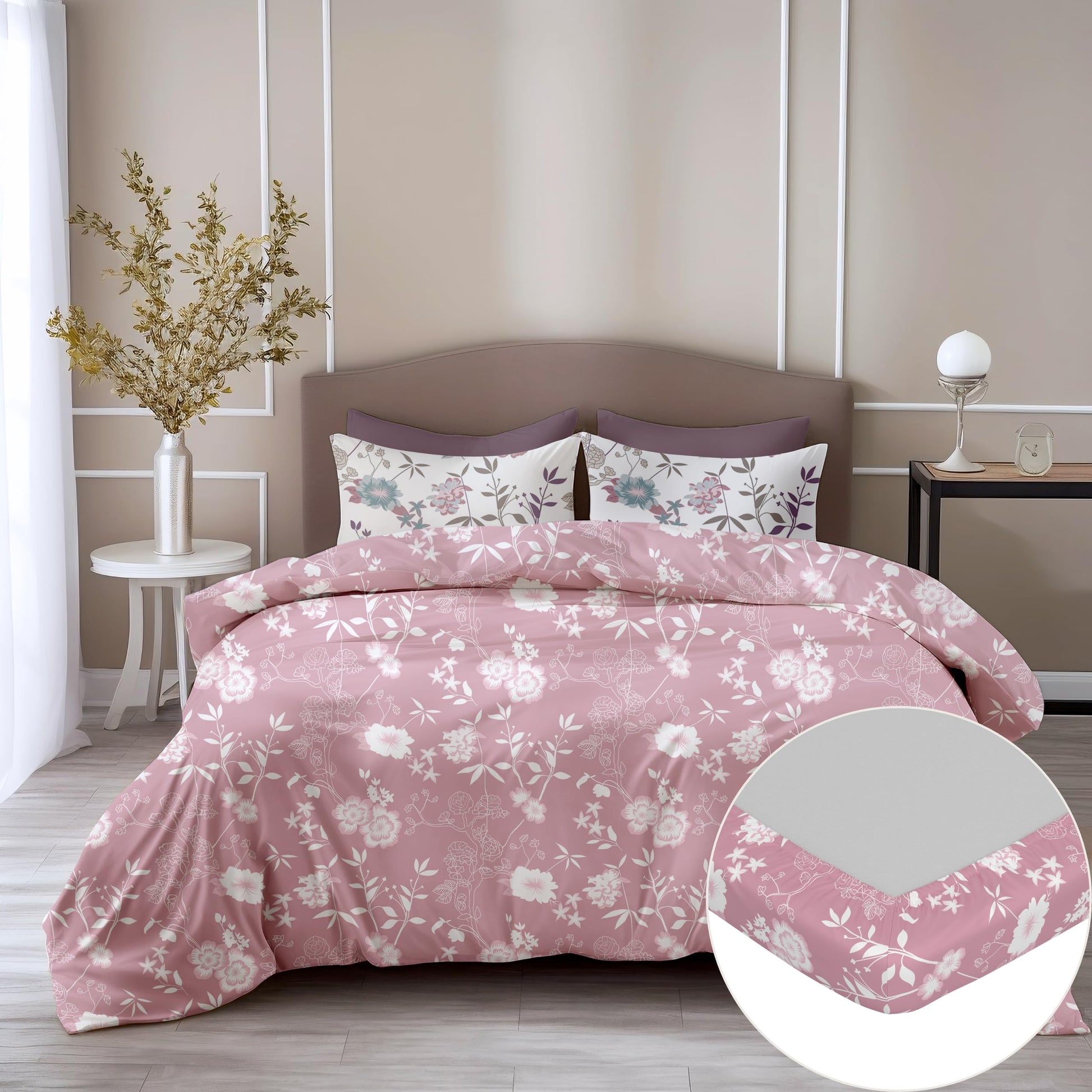 Pink Floral 100% Cotton Double Fitted Bedsheet with Pillow Covers, 144 TC, 78 x 60 Inches