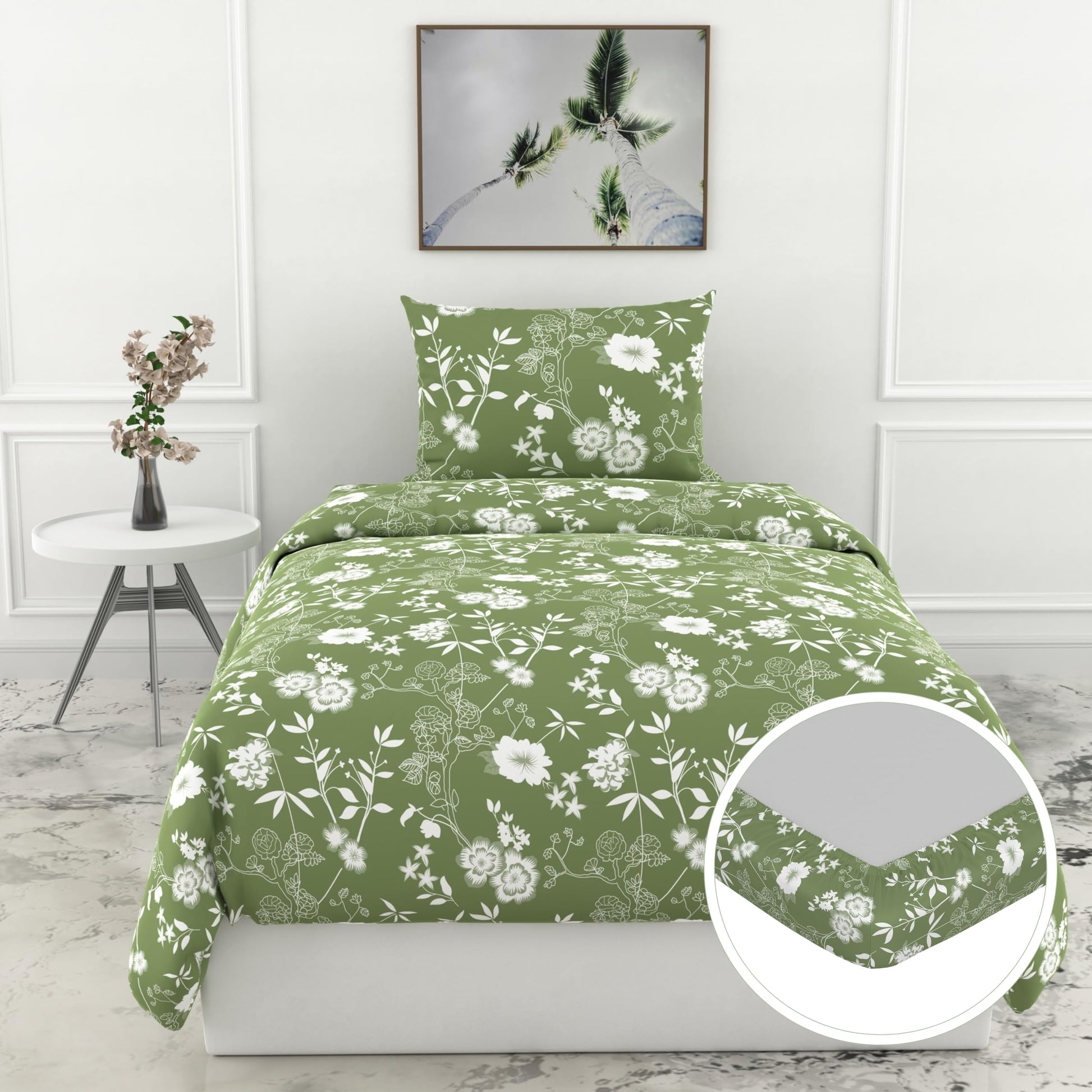 Green Floral Whisper 144 TC 100% Cotton Elastic Fitted Single Bedsheet with 1 Pillow Cover - 78 x 36 Inches