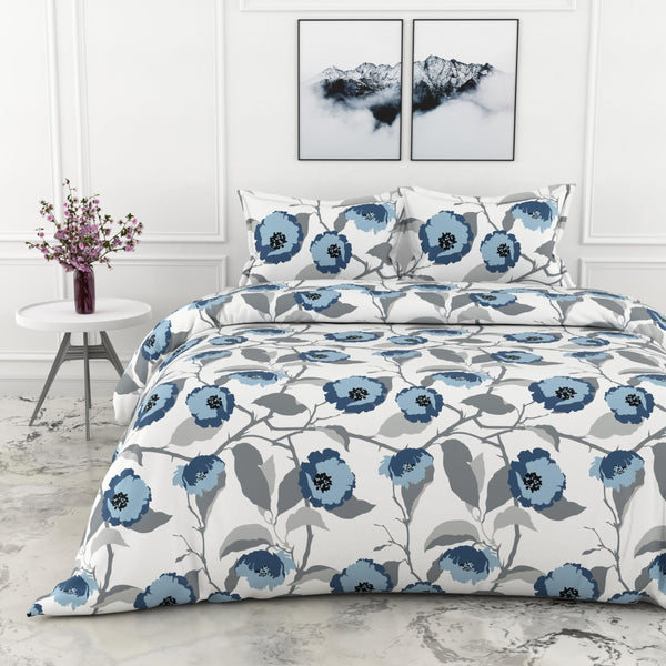 Loreto Cotton Double Bedsheet | Blue & Grey Bloom 100% Pure Cotton , 186 TC, 90 x 108 Inches, Soft & Breathable with 2 Covers