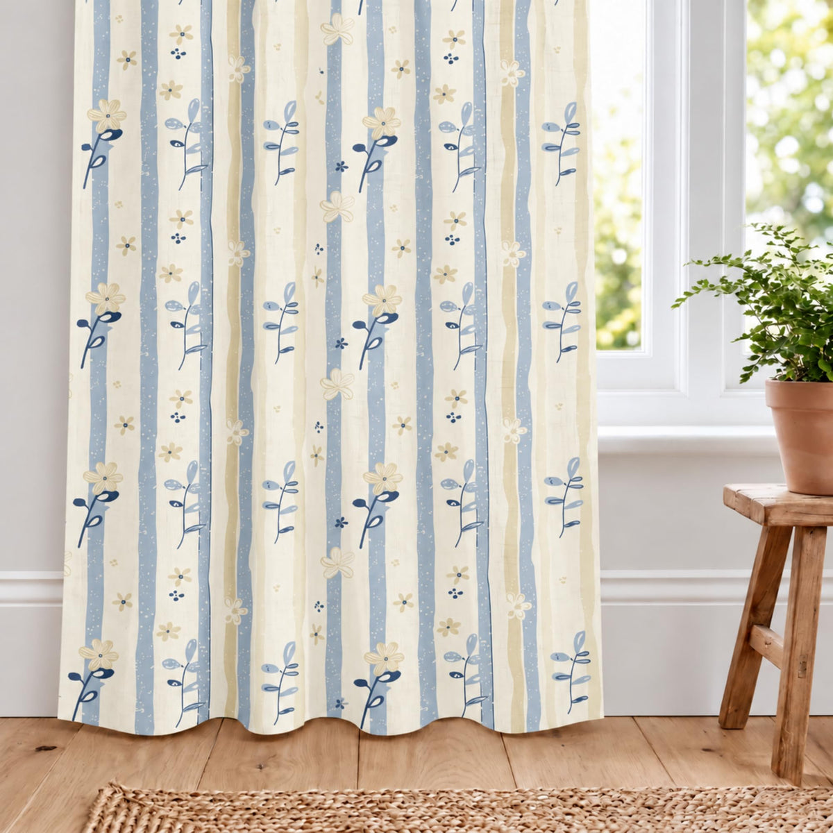 Loreto Powder Blue Daisy Stripes Curtain | Set of 2 | 48 x 84 Inches - main product image