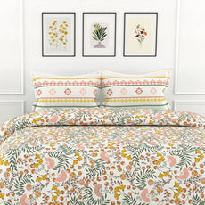 Green and Yellow Botanical Harmony 100% Cotton Flat Double Bedsheet, 144 TC