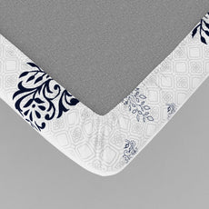 Navy Blue Floral Motif 186 TC Cotton King Size Elastic Fitted Bedsheet with 2 Pillow Covers - 78 x 72 Inches