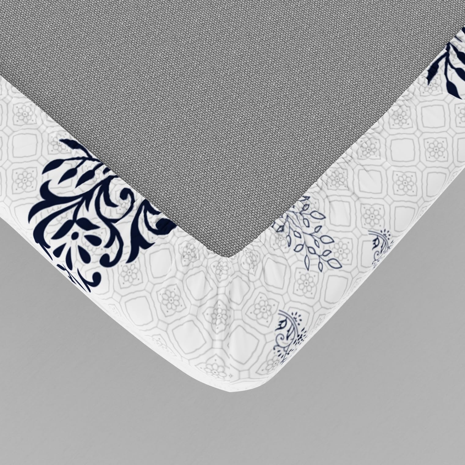 Navy Blue Floral Motif 186 TC Cotton King Size Elastic Fitted Bedsheet with 2 Pillow Covers - 78 x 72 Inches