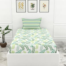 Loreto Green Leafy Haven Single Fitted Bedsheet | 100% Cotton | Fits 72 x 36 Inches | 8 Inch Pocket - main product image