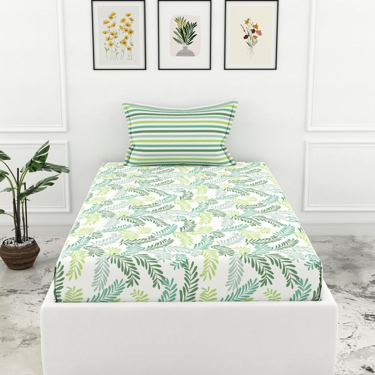 Loreto Green Leafy Haven Single Fitted Bedsheet | 100% Cotton | Fits 72 x 36 Inches | 8 Inch Pocket - main product image