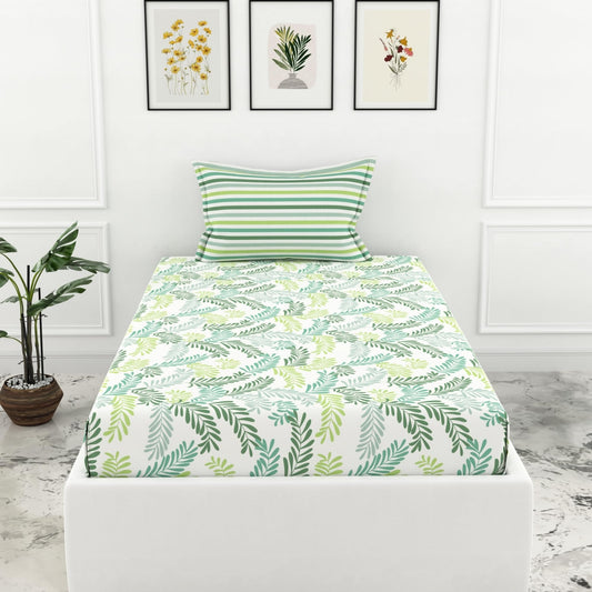 Loreto Green Leafy Haven Single Fitted Bedsheet | 100% Cotton | Fits 72 x 36 Inches | 8 Inch Pocket - main product image