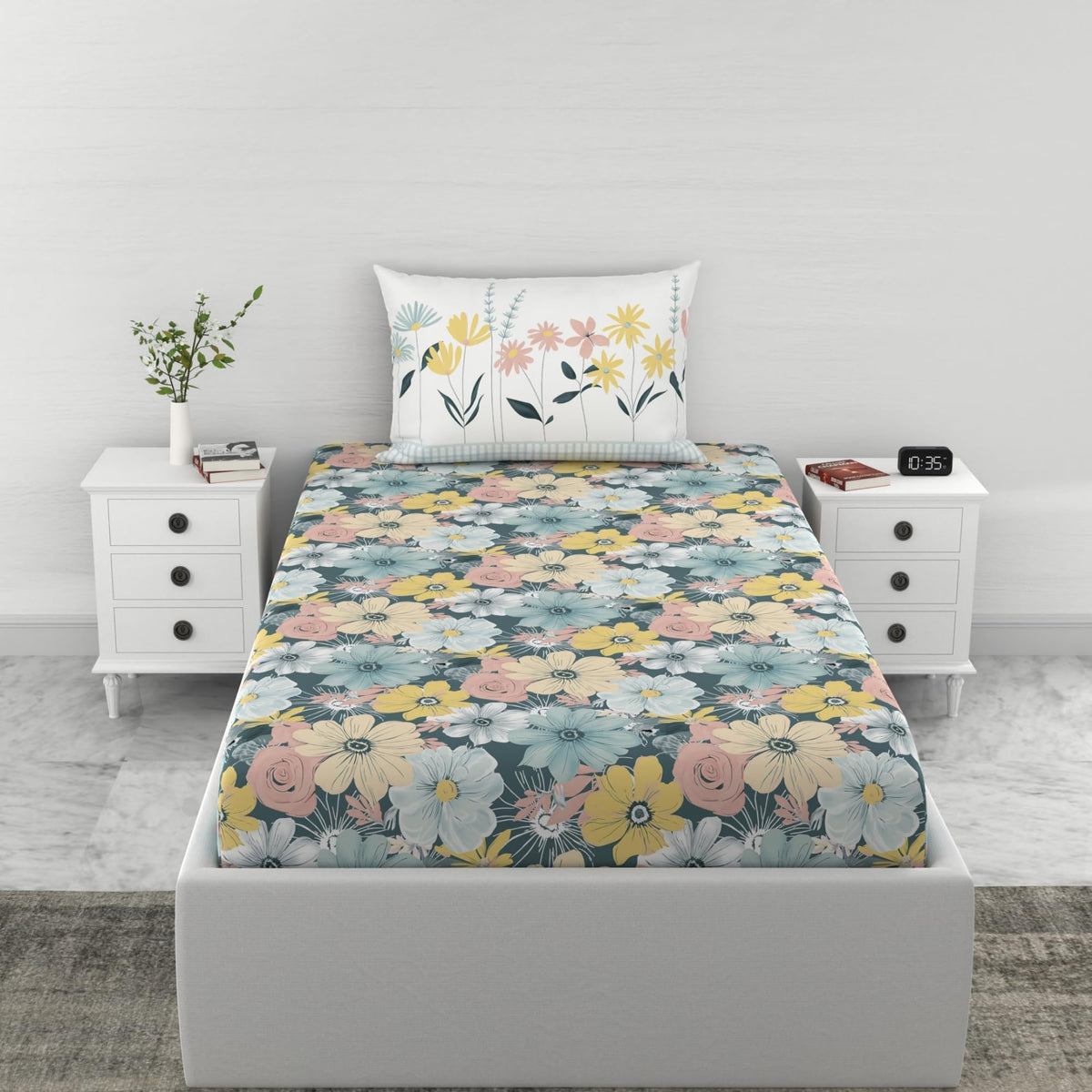 Loreto Dusty Teal Pastel Floral Single Fitted Bedsheet | 186 TC | 100% Cotton | Fits 78 x 36 Inches | 8 Inch Pocket - main product image